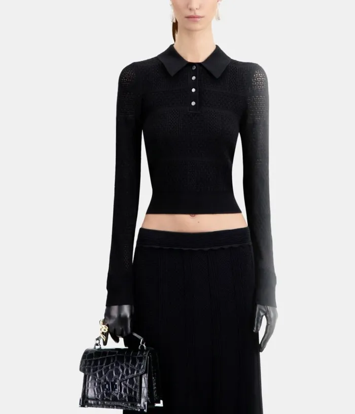 Women Black Openwork Knit Polo Shirt THE KOOPLES Sweaters