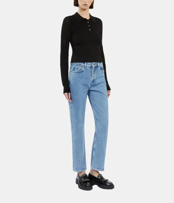 Women Black Openwork Knit Polo Shirt THE KOOPLES Sweaters