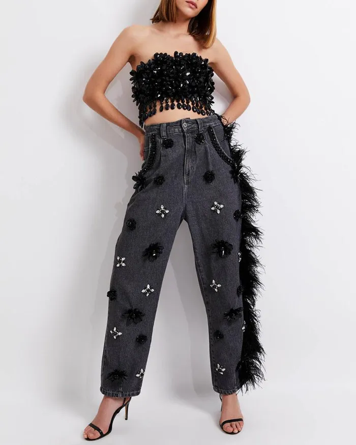 Women Bottoms PatBO HANDBEADED JEANS WITH FEATHER TRIM FINAL SALE Black