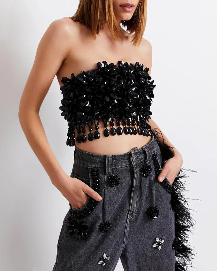Women Bottoms PatBO HANDBEADED JEANS WITH FEATHER TRIM FINAL SALE Black