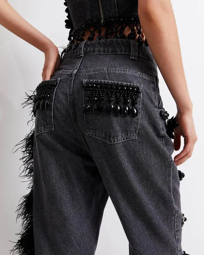 Women Bottoms PatBO HANDBEADED JEANS WITH FEATHER TRIM FINAL SALE Black