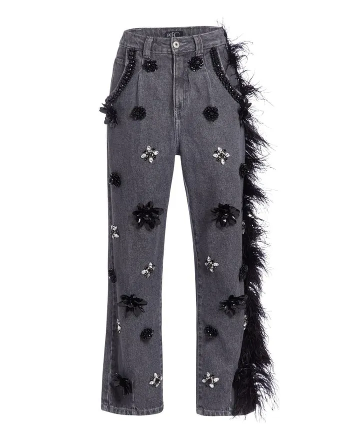 Women Bottoms PatBO HANDBEADED JEANS WITH FEATHER TRIM FINAL SALE Black