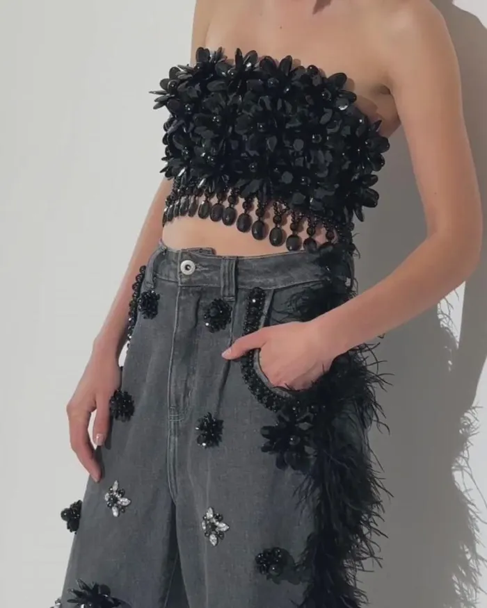 Women Bottoms PatBO HANDBEADED JEANS WITH FEATHER TRIM FINAL SALE Black