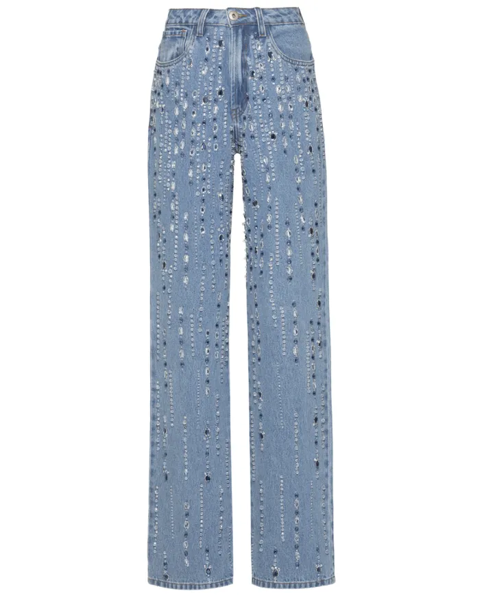 Women Bottoms PatBO HandBeaded Straight Leg Jeans Denim