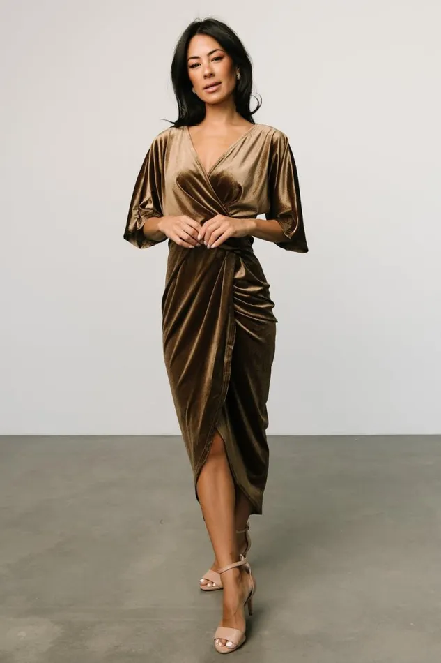 Women Brendyn Ruched Velvet Dress Brushed Bronze Baltic Born Midi Dresses