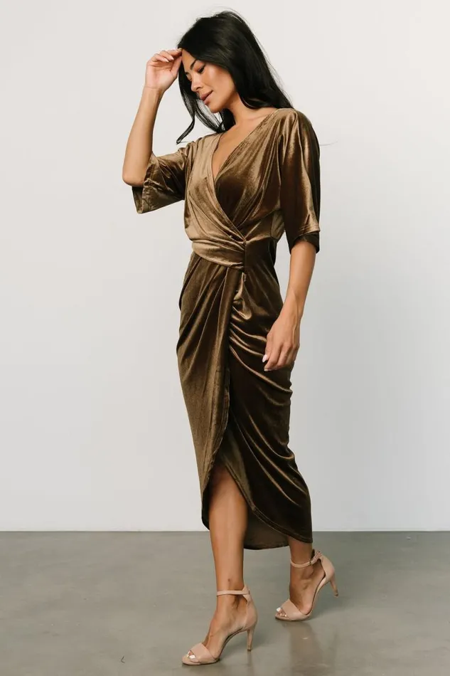 Women Brendyn Ruched Velvet Dress Brushed Bronze Baltic Born Midi Dresses Women Brendyn Ruched Velvet Dress Brushed Bronze Baltic Born Midi Dresses