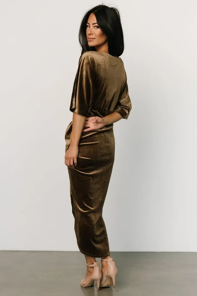 Women Brendyn Ruched Velvet Dress Brushed Bronze Baltic Born Midi Dresses Women Brendyn Ruched Velvet Dress Brushed Bronze Baltic Born Midi Dresses