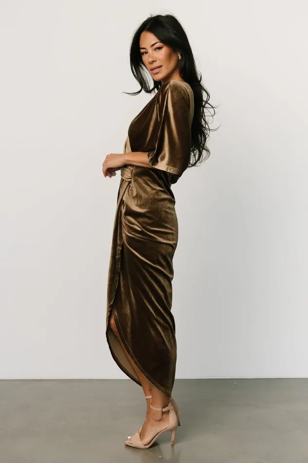 Women Brendyn Ruched Velvet Dress Brushed Bronze Baltic Born Midi Dresses Women Brendyn Ruched Velvet Dress Brushed Bronze Baltic Born Midi Dresses
