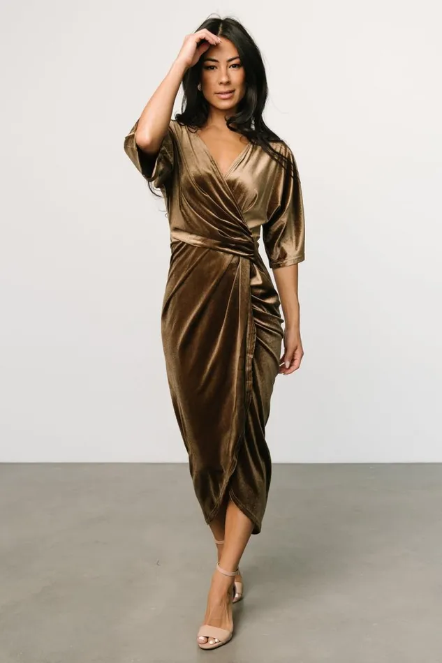 Women Brendyn Ruched Velvet Dress Brushed Bronze Baltic Born Midi Dresses Women Brendyn Ruched Velvet Dress Brushed Bronze Baltic Born Midi Dresses