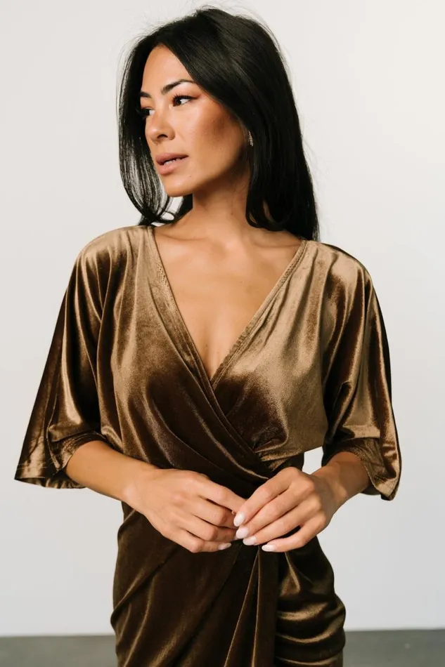 Women Brendyn Ruched Velvet Dress Brushed Bronze Baltic Born Midi Dresses Women Brendyn Ruched Velvet Dress Brushed Bronze Baltic Born Midi Dresses