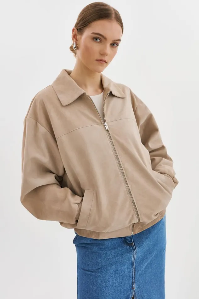 Women CADEN Oversized Suede Bomber Jacket Sand LAMARQUE Leather Jackets