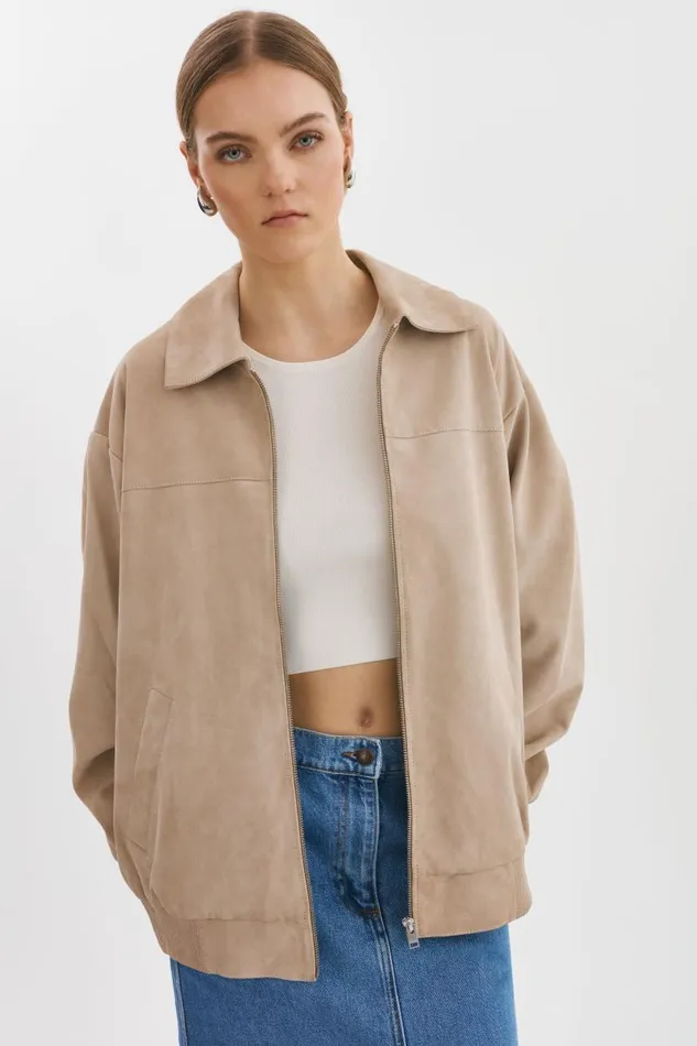Women CADEN Oversized Suede Bomber Jacket Sand LAMARQUE Leather Jackets