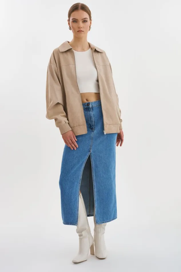 Women CADEN Oversized Suede Bomber Jacket Sand LAMARQUE Leather Jackets