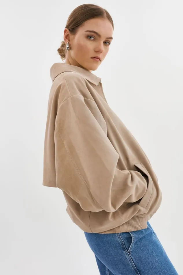 Women CADEN Oversized Suede Bomber Jacket Sand LAMARQUE Leather Jackets
