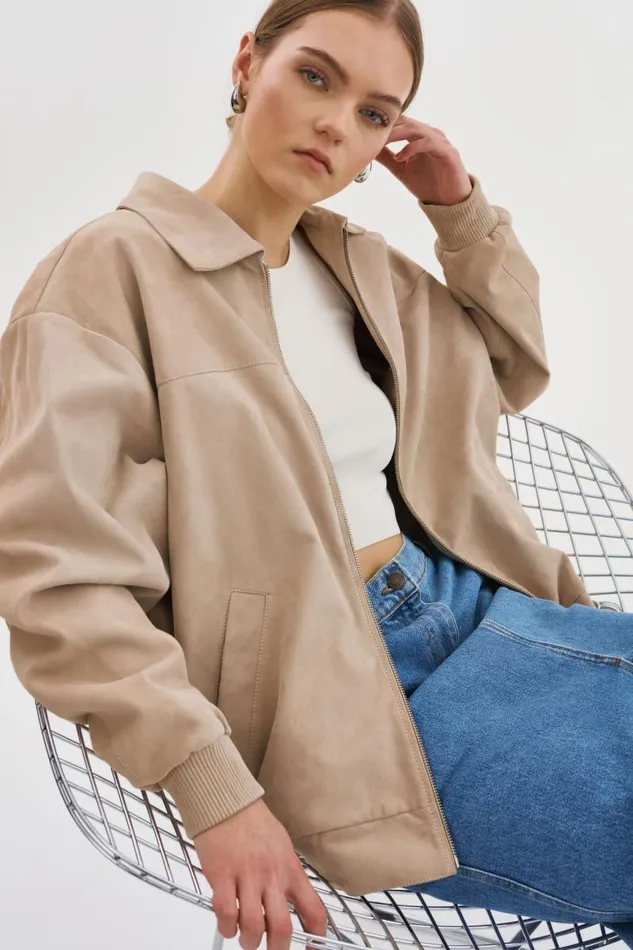 Women CADEN Oversized Suede Bomber Jacket Sand LAMARQUE Leather Jackets
