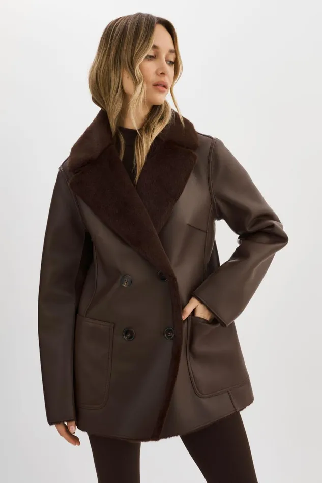 Women CAMILLE Faux Shearling Reversible Coat Mahogany LAMARQUE Sherpa
