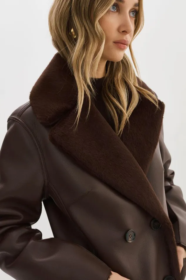 Women CAMILLE Faux Shearling Reversible Coat Mahogany LAMARQUE Sherpa Women CAMILLE Faux Shearling Reversible Coat Mahogany LAMARQUE Sherpa