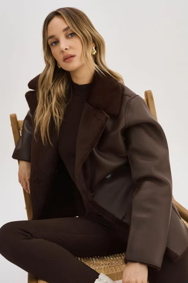 Women CAMILLE Faux Shearling Reversible Coat Mahogany LAMARQUE Sherpa Women CAMILLE Faux Shearling Reversible Coat Mahogany LAMARQUE Sherpa