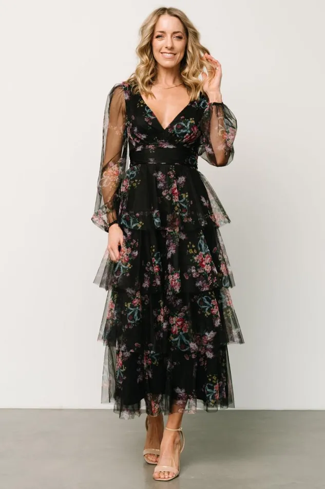 Women Carolina Tulle Tiered Maxi Dress Black Floral Baltic Born Tulle Styles