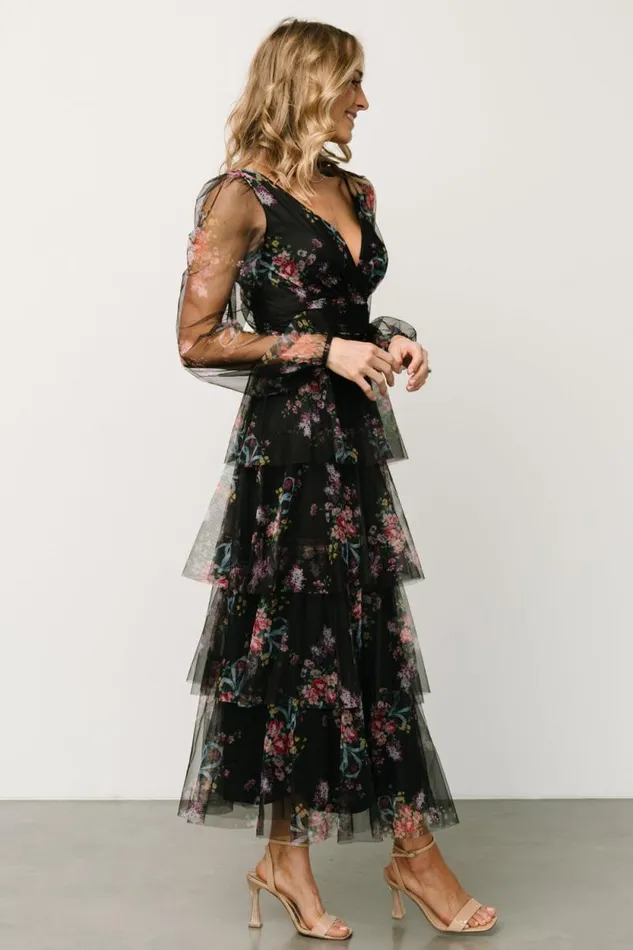 Women Carolina Tulle Tiered Maxi Dress Black Floral Baltic Born Tulle Styles