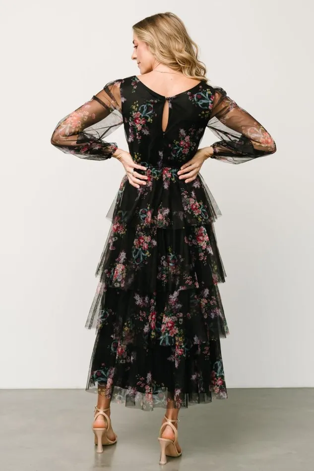 Women Carolina Tulle Tiered Maxi Dress Black Floral Baltic Born Tulle Styles