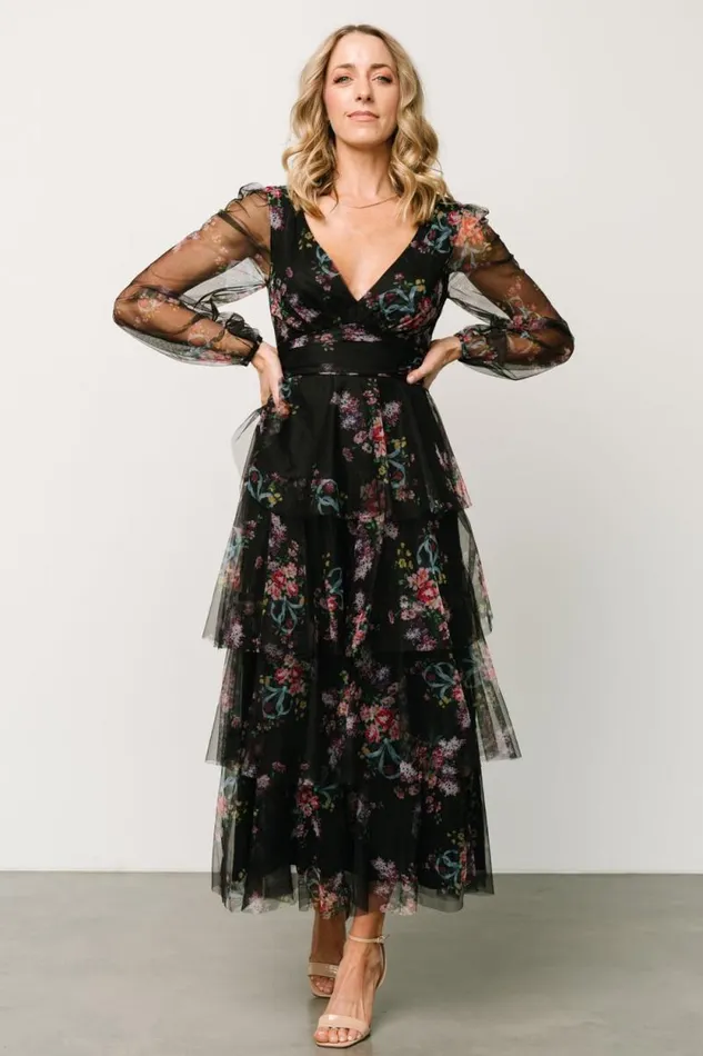 Women Carolina Tulle Tiered Maxi Dress Black Floral Baltic Born Tulle Styles