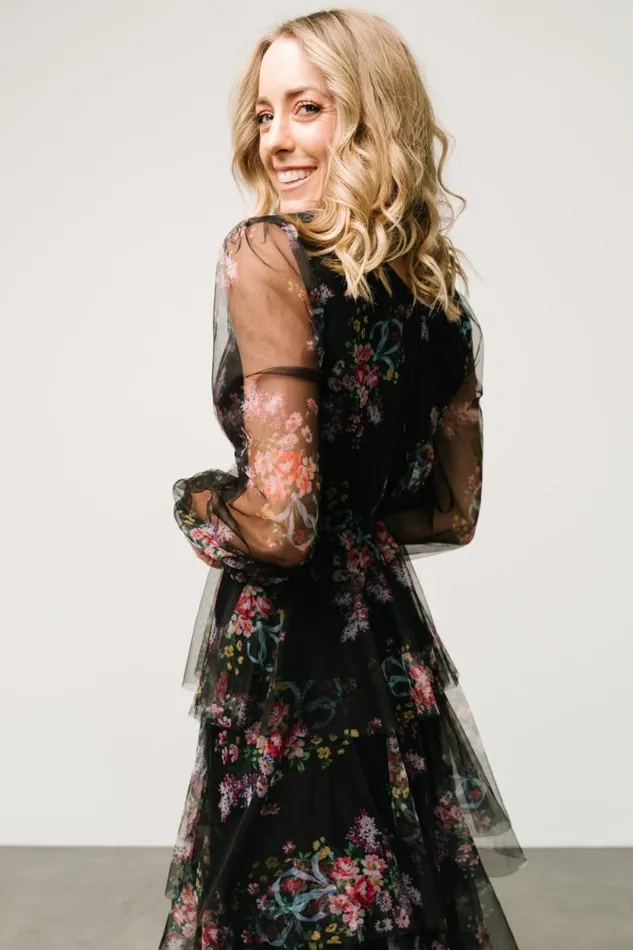 Women Carolina Tulle Tiered Maxi Dress Black Floral Baltic Born Tulle Styles