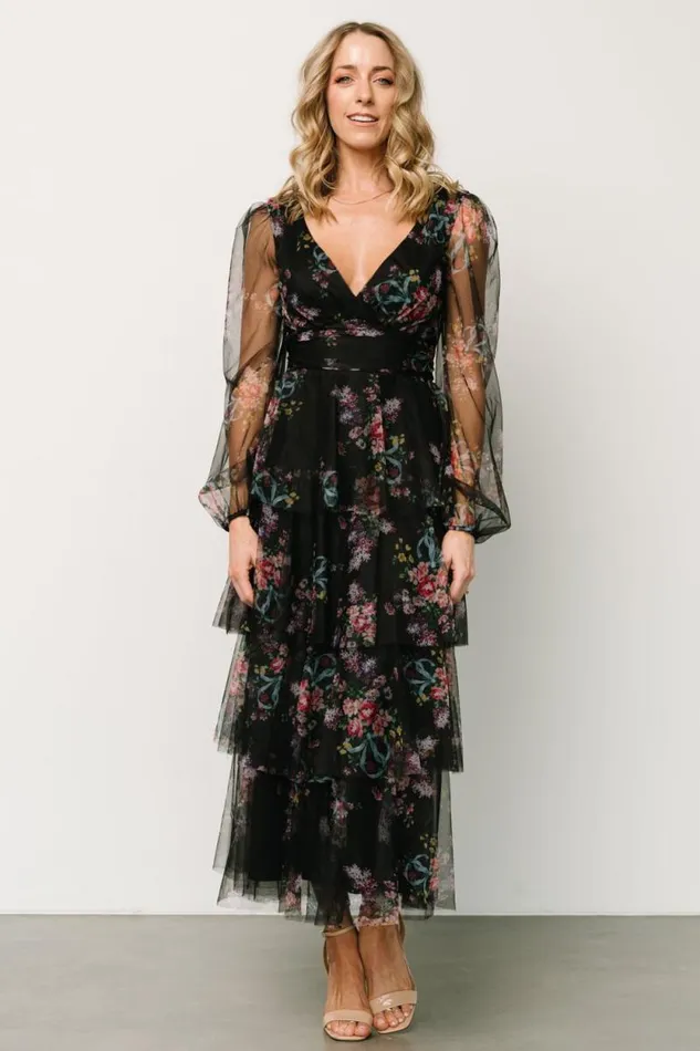 Women Carolina Tulle Tiered Maxi Dress Black Floral Baltic Born Tulle Styles