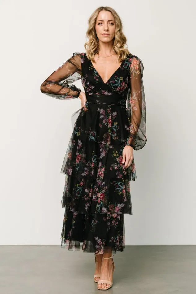 Women Carolina Tulle Tiered Maxi Dress Black Floral Baltic Born Tulle Styles