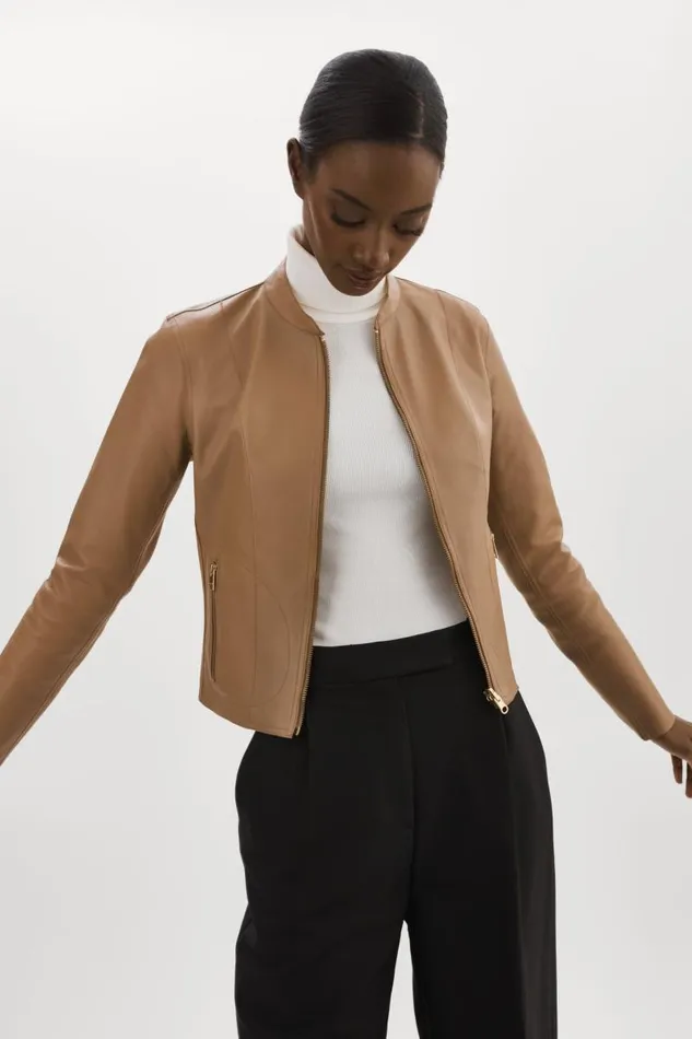 Women CHAPIN Reversible Leather Bomber Mochagold LAMARQUE Leather Jackets