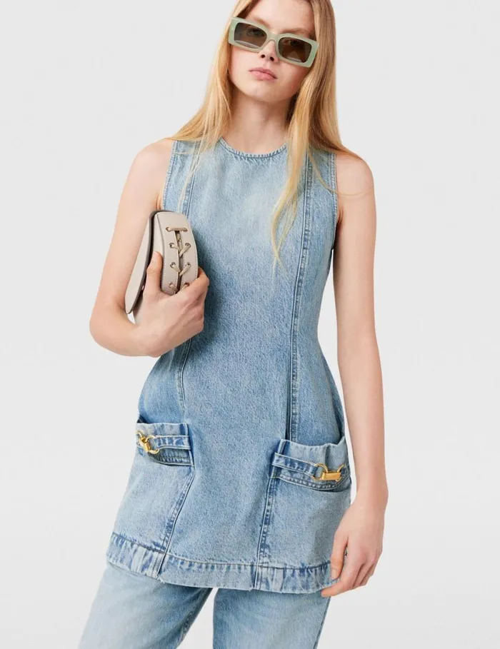 Women ClaspEmbellished Sleeveless Mini Dress Light Wash Blue Stella McCartney Dresses Women ClaspEmbellished Sleeveless Mini Dress Light Wash Blue Stella McCartney Dresses