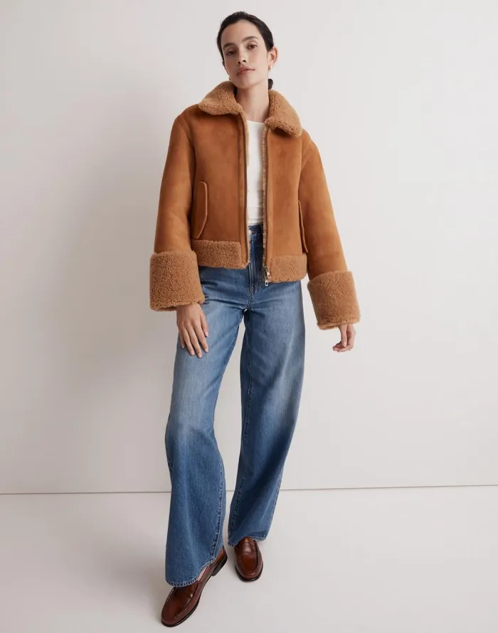 Women Coats Jackets Madewell Shearling ZipFront Jacket Toffee