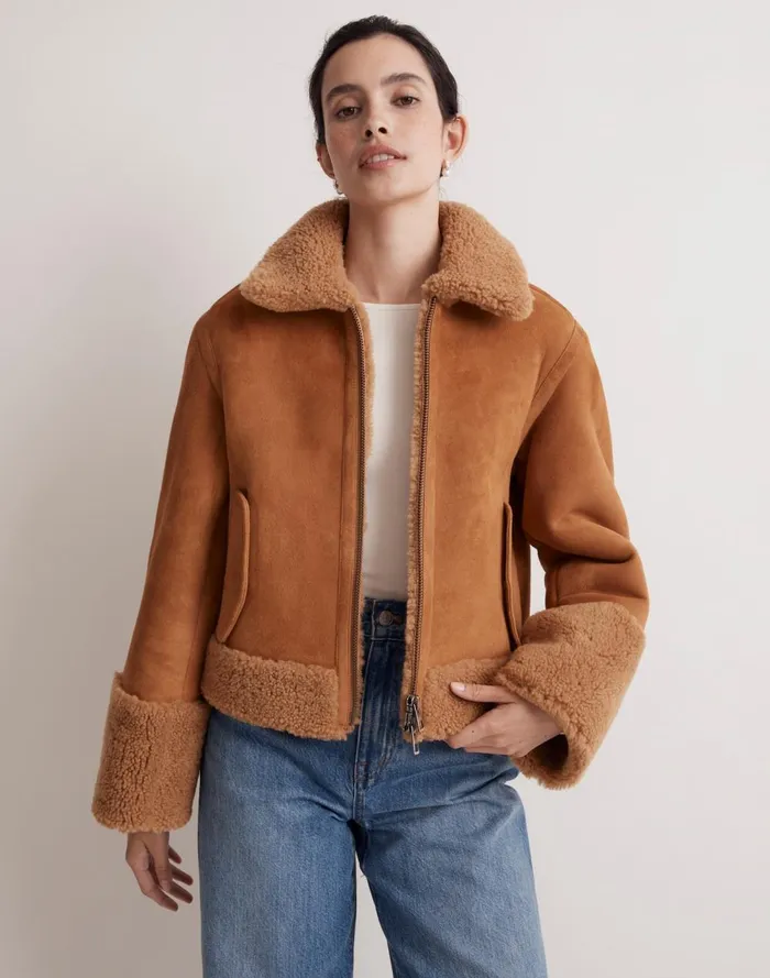Women Coats Jackets Madewell Shearling ZipFront Jacket Toffee