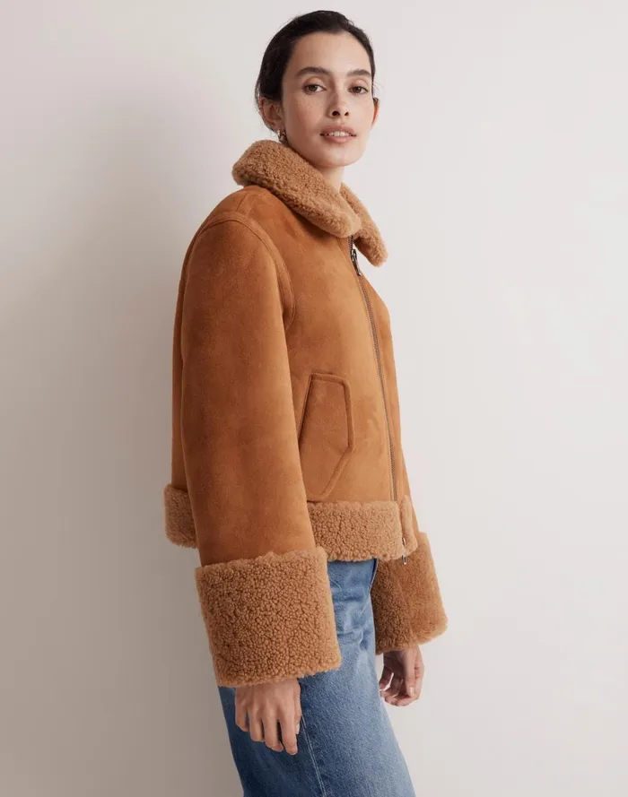 Women Coats Jackets Madewell Shearling ZipFront Jacket Toffee