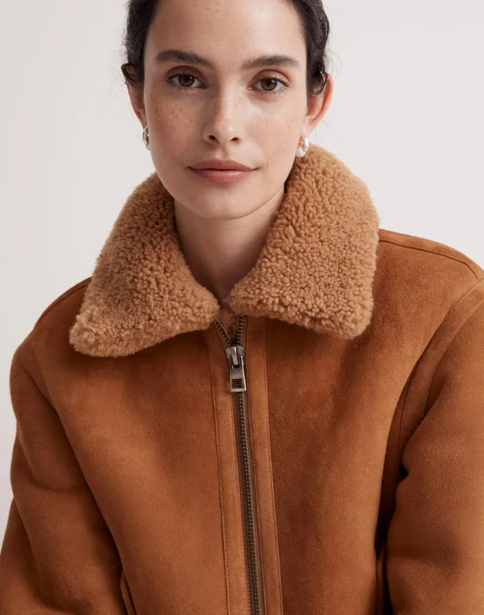 Women Coats Jackets Madewell Shearling ZipFront Jacket Toffee