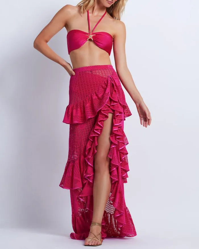 Women CoverUps PatBO Ruffled Lace Beach Skirt Cerise