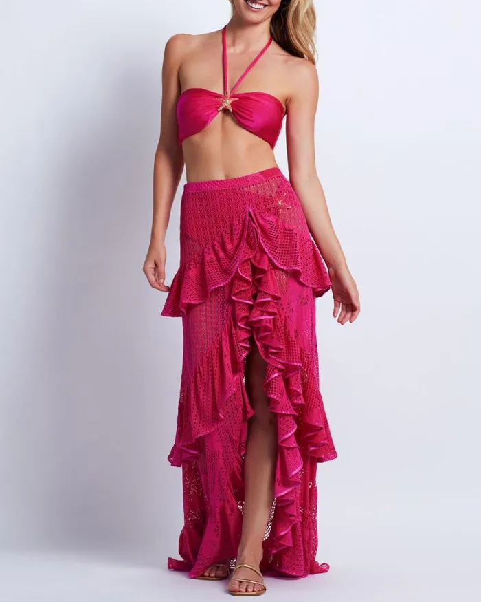 Women CoverUps PatBO Ruffled Lace Beach Skirt Cerise