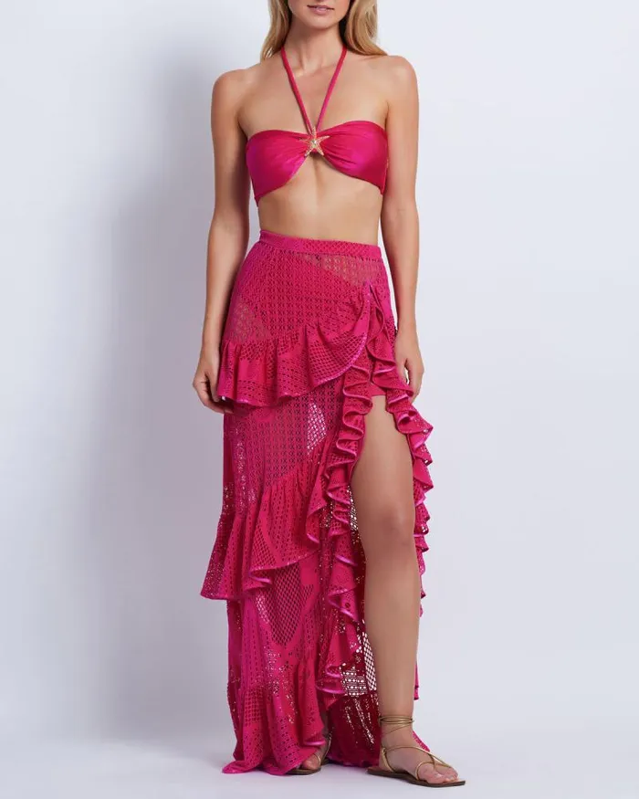 Women CoverUps PatBO Ruffled Lace Beach Skirt Cerise