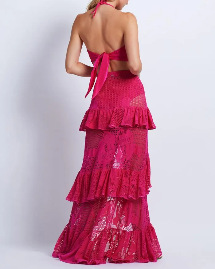 Women CoverUps PatBO Ruffled Lace Beach Skirt Cerise