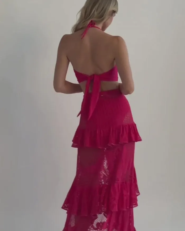 Women CoverUps PatBO Ruffled Lace Beach Skirt Cerise