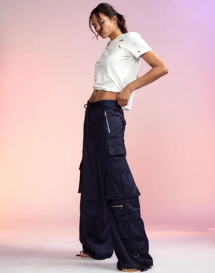 Women Cynthia Rowley Bottoms Pinstripe Cargo Pants Blue