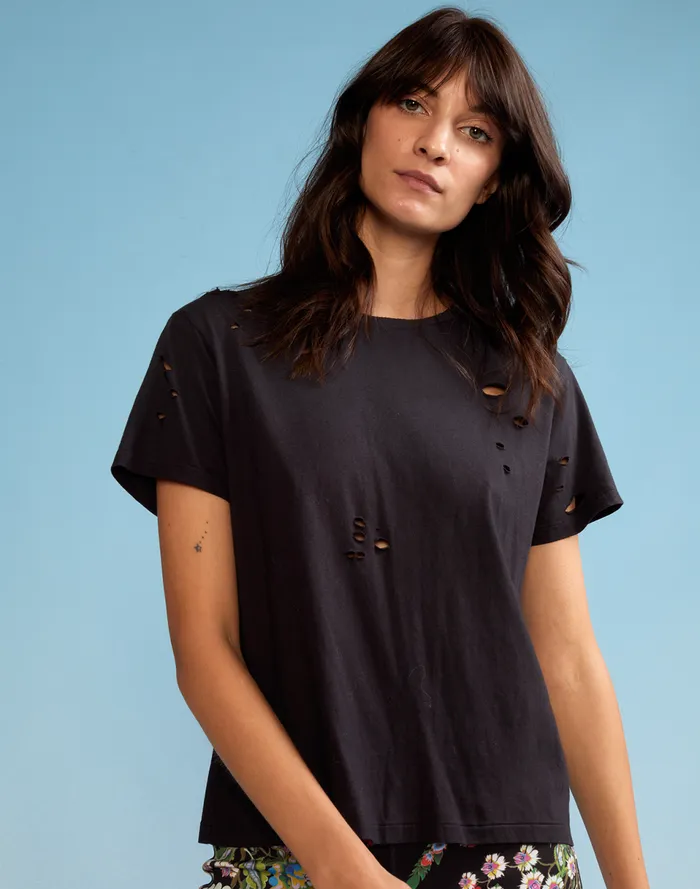 Women Cynthia Rowley Tops Distressed Tee Black