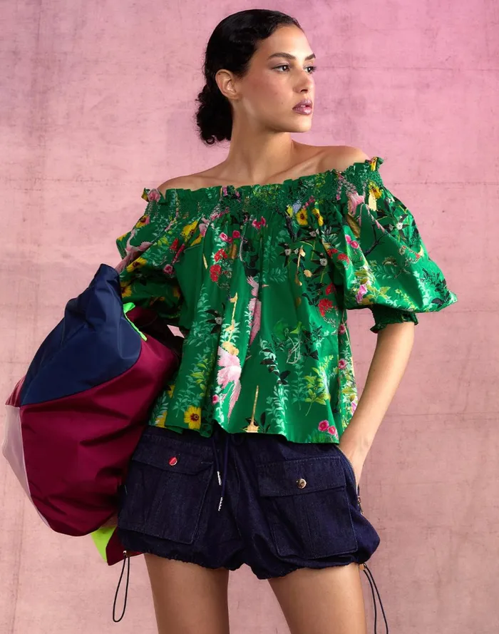 Women Cynthia Rowley Tops Malta Off Shoulder Blouse Grnfl Women Cynthia Rowley Tops Malta Off Shoulder Blouse Grnfl