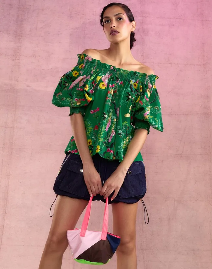 Women Cynthia Rowley Tops Malta Off Shoulder Blouse Grnfl Women Cynthia Rowley Tops Malta Off Shoulder Blouse Grnfl