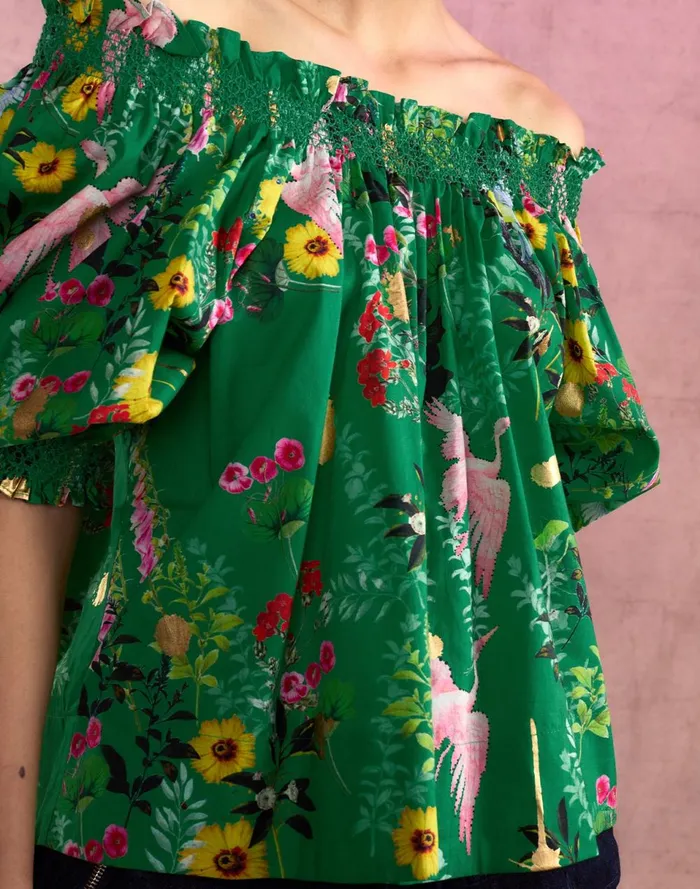 Women Cynthia Rowley Tops Malta Off Shoulder Blouse Grnfl Women Cynthia Rowley Tops Malta Off Shoulder Blouse Grnfl