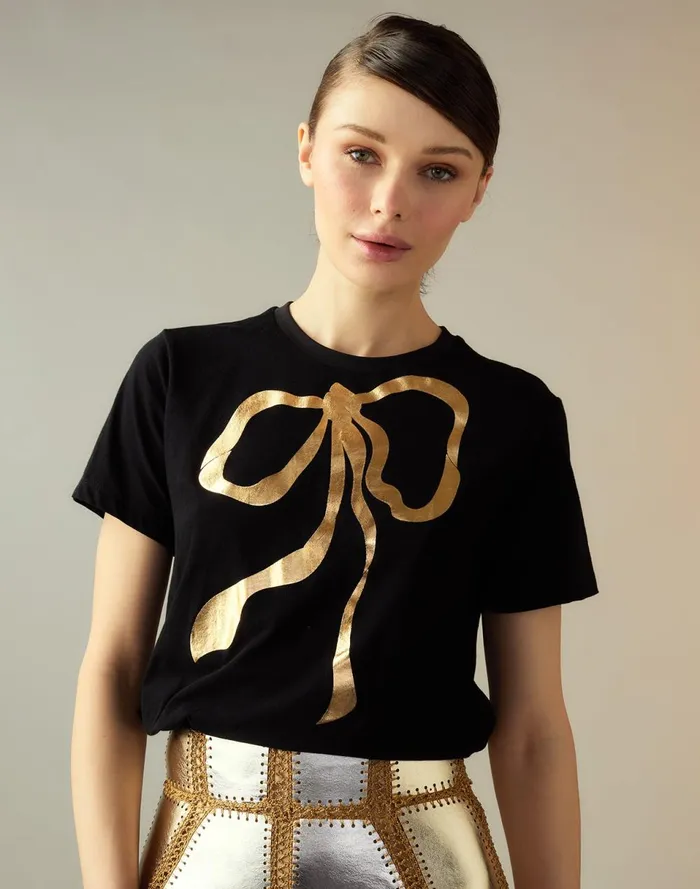 Women Cynthia Rowley Tops Metallic Bow Tee Black
