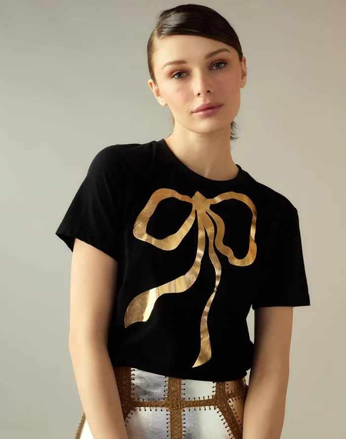 Women Cynthia Rowley Tops Metallic Bow Tee Black Women Cynthia Rowley Tops Metallic Bow Tee Black