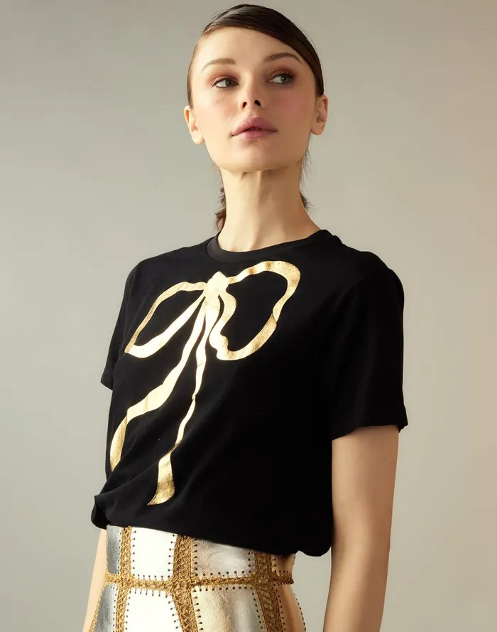 Women Cynthia Rowley Tops Metallic Bow Tee Black Women Cynthia Rowley Tops Metallic Bow Tee Black