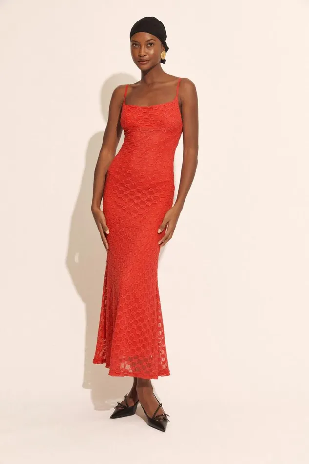 Women Day To Night Dresses Bardot Adoni Mesh Midi Dress In Fire Red Fire Red