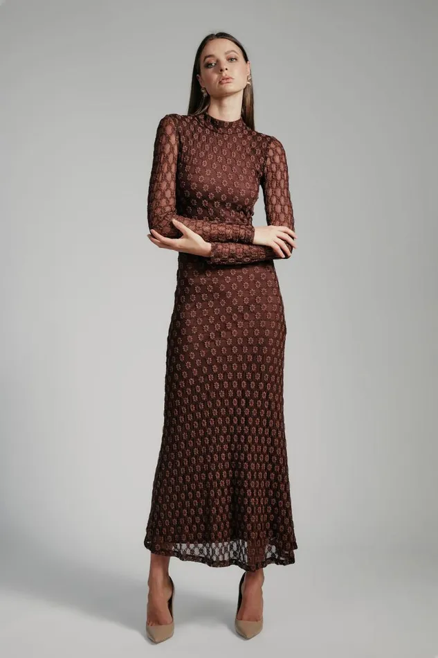 Women Day To Night Dresses Bardot Ola Long Sleeve Midi Dress In Chocolate Chocolate
